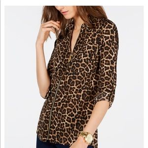 Michael Kors Leopard Print Top Zippered Blouse Petite Large